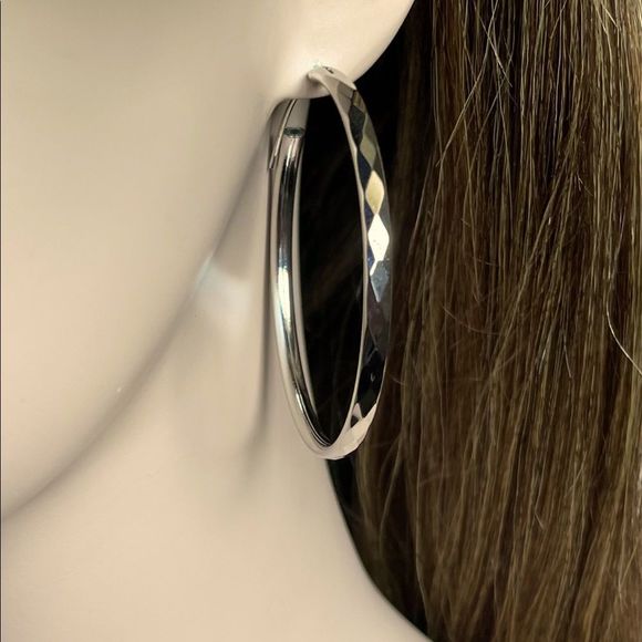 NEW Large 925 Sterling Diamond Cut Hoop Earrings - Picture 4 of 5